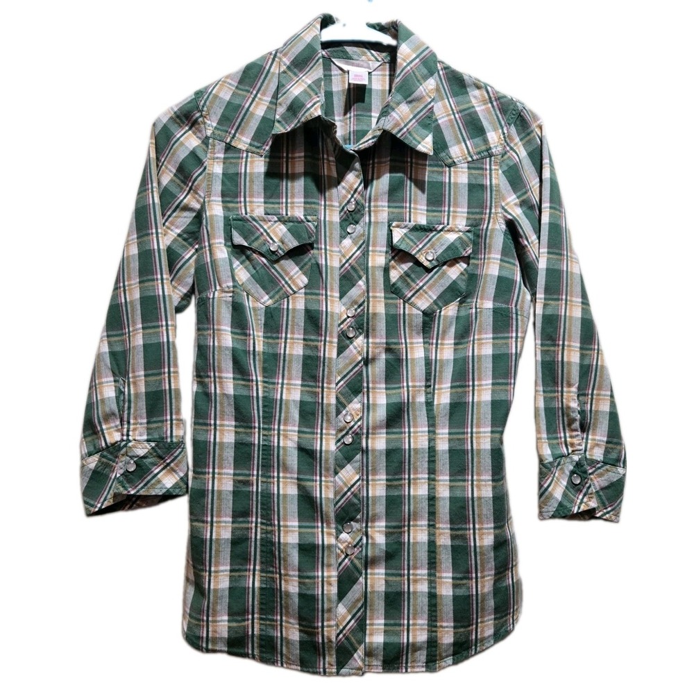 Vintage Y2K Arizona Jean Co Womens Small Western Shirt Green Plaid Pearl Snap